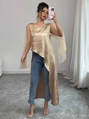 Elegant Party Wear Women's Loose Fit Gold Color Round Neck Flare Cuff Mesh Splice Asymmetric Blouse