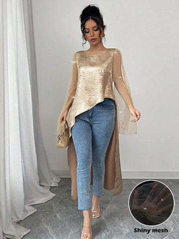 Elegant Party Wear Women's Loose Fit Gold Color Round Neck Flare Cuff Mesh Splice Asymmetric Blouse