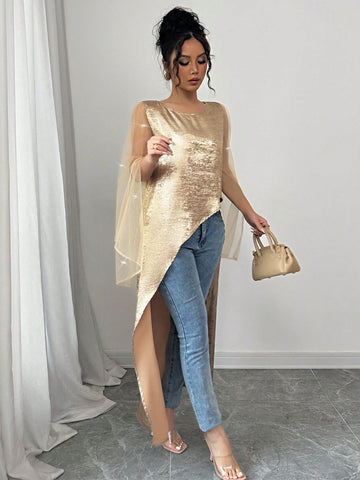 Elegant Party Wear Women's Loose Fit Gold Color Round Neck Flare Cuff Mesh Splice Asymmetric Blouse
