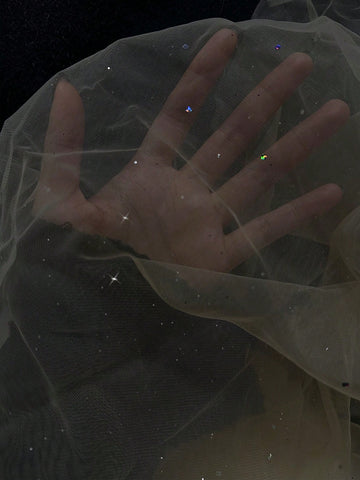 Elegant Party Wear Women's Loose Fit Gold Color Round Neck Flare Cuff Mesh Splice Asymmetric Blouse