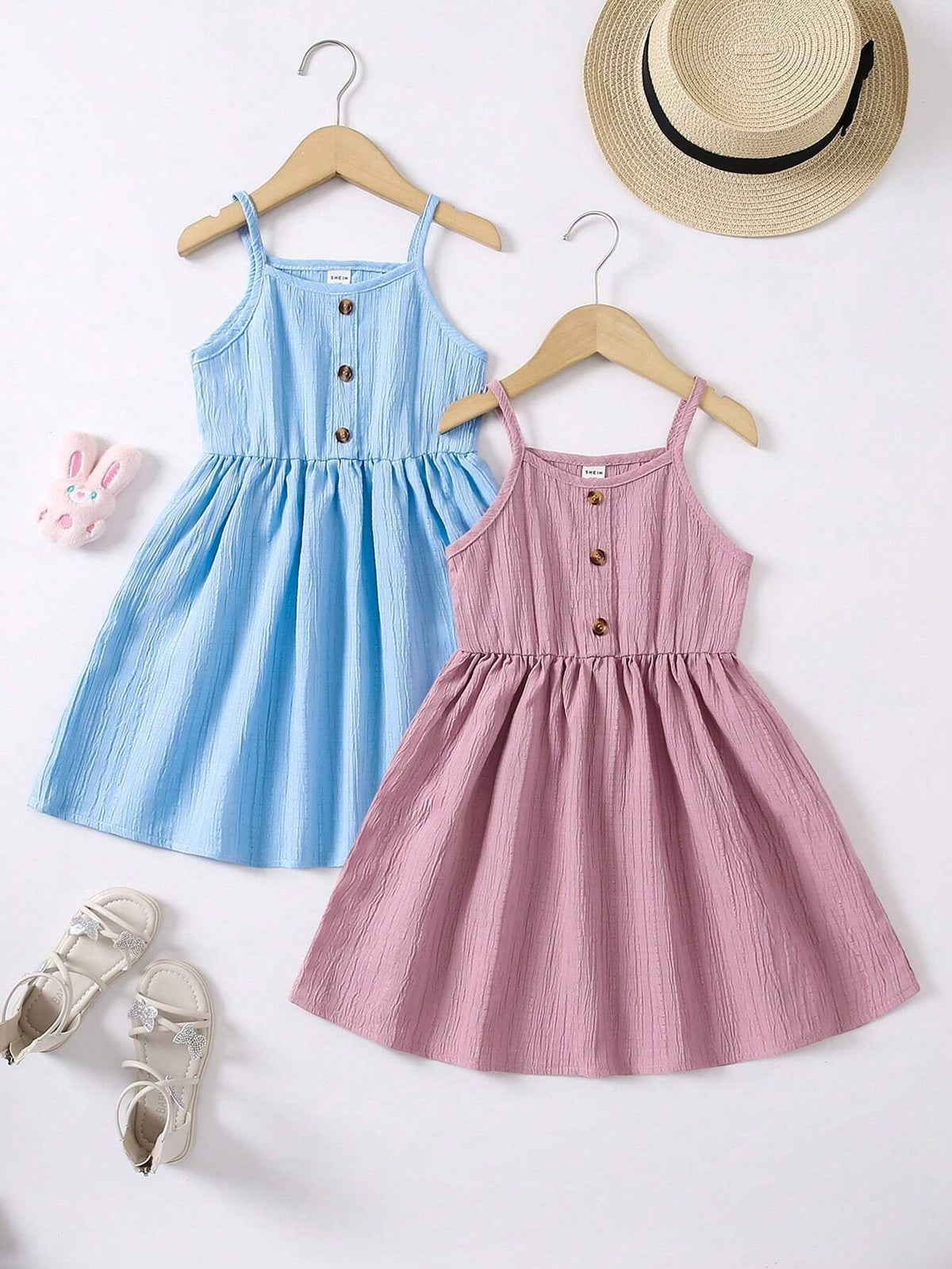 Elegant Pleated Young Girls' Spaghetti Strap Dress, 2pcs/Set