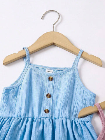 Elegant Pleated Young Girls' Spaghetti Strap Dress, 2pcs/Set