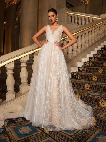 Elegant Plunging Neck Backless Sheer Lace Wedding Dress,Wedding Event Dress