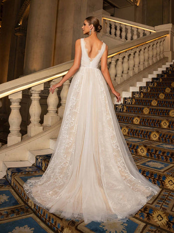 Elegant Plunging Neck Backless Sheer Lace Wedding Dress,Wedding Event Dress