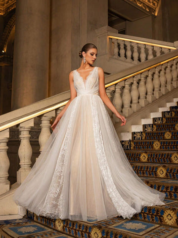 Elegant Plunging Neck Backless Sheer Lace Wedding Dress,Wedding Event Dress