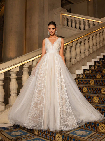 Elegant Plunging Neck Backless Sheer Lace Wedding Dress,Wedding Event Dress