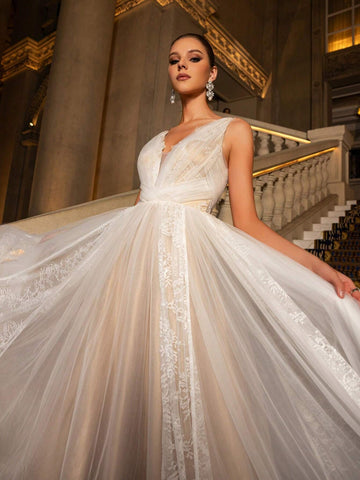 Elegant Plunging Neck Backless Sheer Lace Wedding Dress,Wedding Event Dress