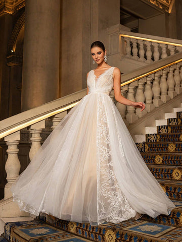 Elegant Plunging Neck Backless Sheer Lace Wedding Dress,Wedding Event Dress