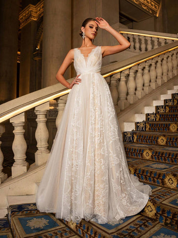 Elegant Plunging Neck Backless Sheer Lace Wedding Dress,Wedding Event Dress