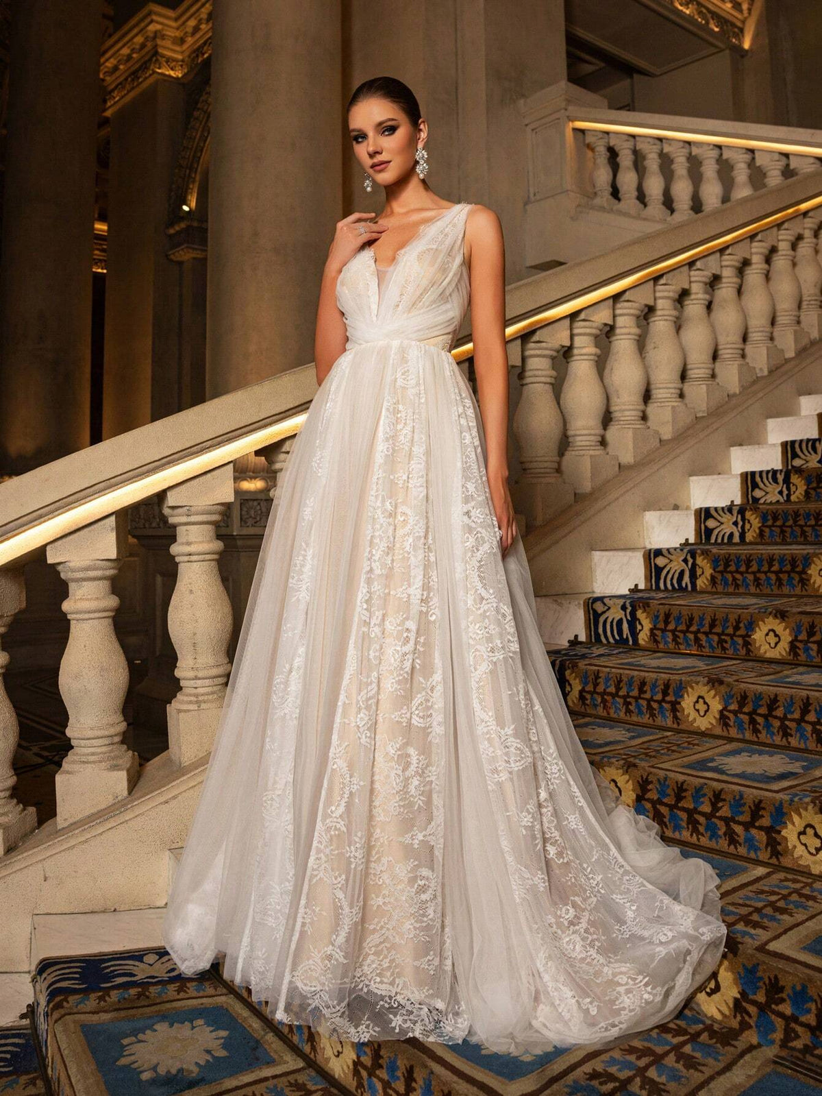 Elegant Plunging Neck Backless Sheer Lace Wedding Dress,Wedding Event Dress