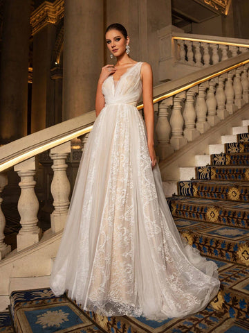 Elegant Plunging Neck Backless Sheer Lace Wedding Dress,Wedding Event Dress