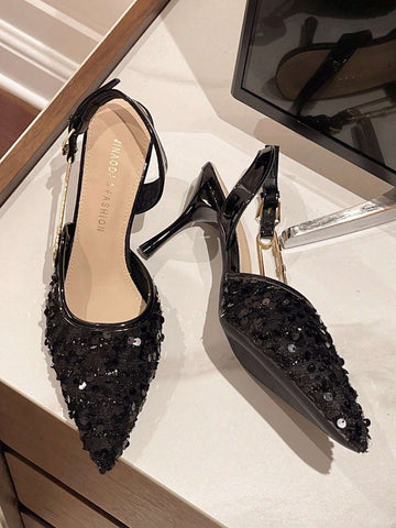 Elegant Pointed Toe Sequin Black High Heel Party Shoes With Thin Heels, Closed Toe And Backless Design