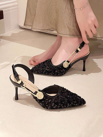 Elegant Pointed Toe Sequin Black High Heel Party Shoes With Thin Heels, Closed Toe And Backless Design