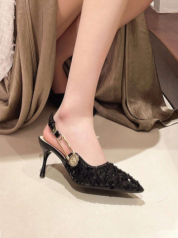Elegant Pointed Toe Sequin Black High Heel Party Shoes With Thin Heels, Closed Toe And Backless Design