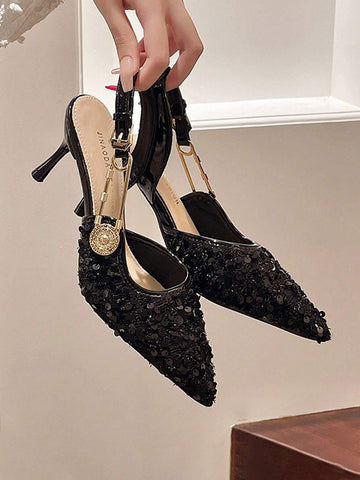 Elegant Pointed Toe Sequin Black High Heel Party Shoes With Thin Heels, Closed Toe And Backless Design