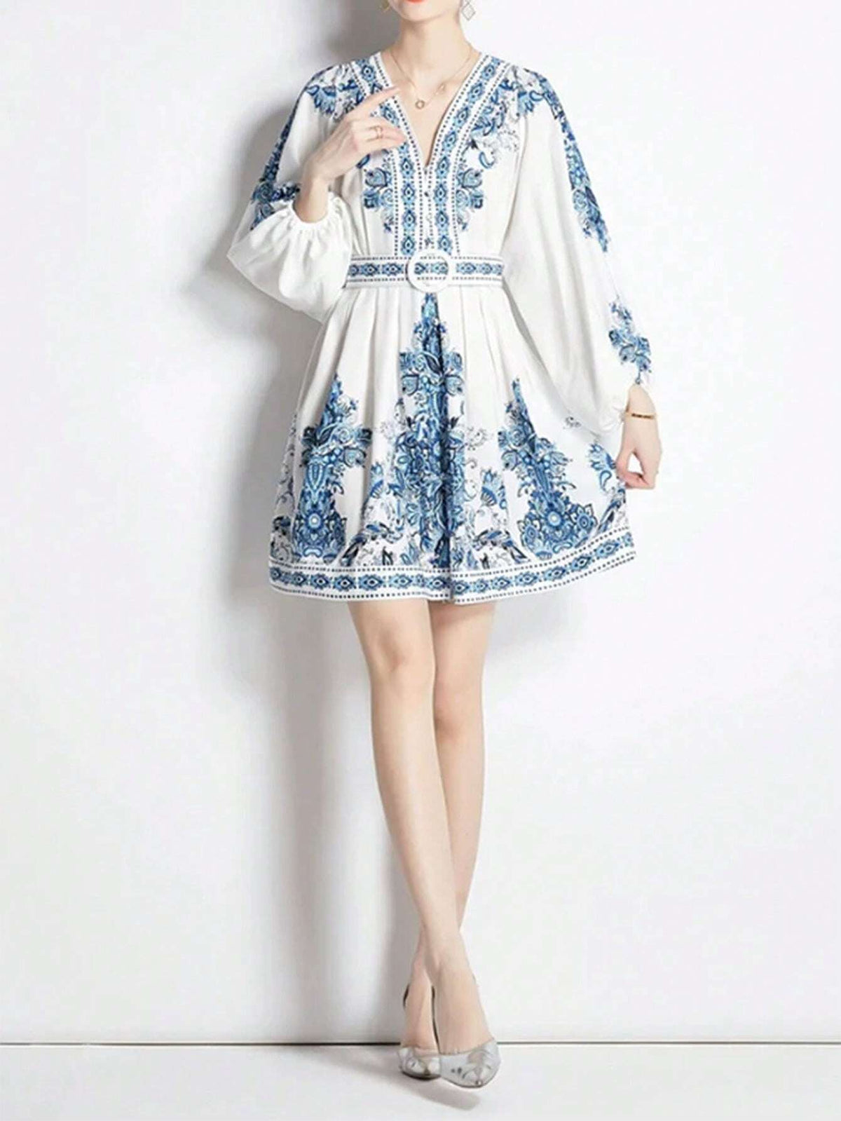 Elegant Print Long Sleeve Drawstring High Waisted V-Neck Loose Dress