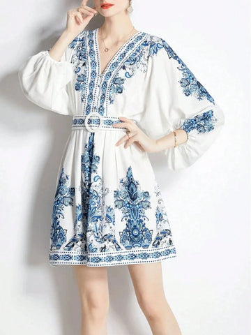 Elegant Print Long Sleeve Drawstring High Waisted V-Neck Loose Dress