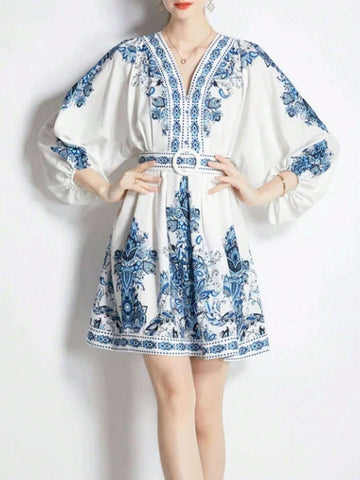 Elegant Print Long Sleeve Drawstring High Waisted V-Neck Loose Dress