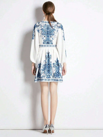 Elegant Print Long Sleeve Drawstring High Waisted V-Neck Loose Dress