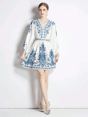 Elegant Print Long Sleeve Drawstring High Waisted V-Neck Loose Dress