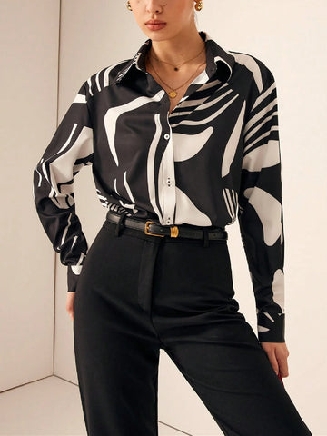 Elegant Printed Collared Long Sleeve Shirt, Great For Commuting, Autumn New Arrival