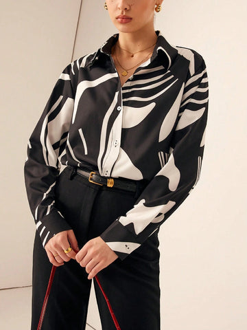 Elegant Printed Collared Long Sleeve Shirt, Great For Commuting, Autumn New Arrival