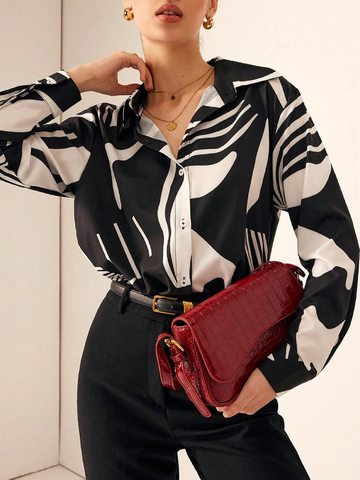 Elegant Printed Collared Long Sleeve Shirt, Great For Commuting, Autumn New Arrival