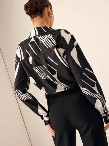 Elegant Printed Collared Long Sleeve Shirt, Great For Commuting, Autumn New Arrival