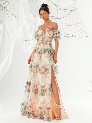 Elegant Printed Mesh Off Shoulder Women's Evening Dress