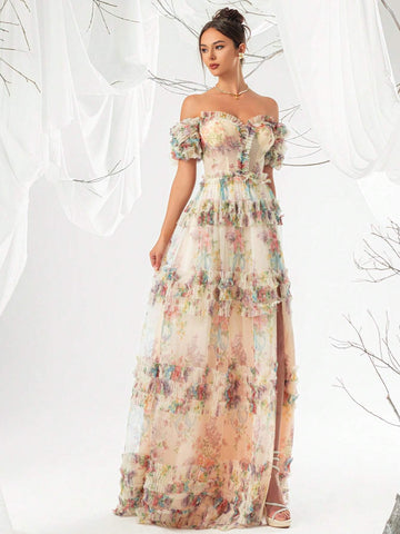 Elegant Printed Mesh Off Shoulder Women's Evening Dress