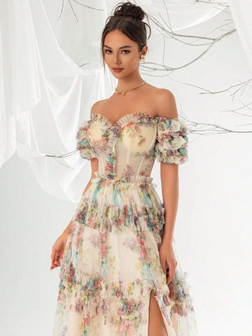 Elegant Printed Mesh Off Shoulder Women's Evening Dress