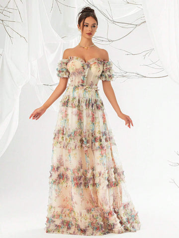 Elegant Printed Mesh Off Shoulder Women's Evening Dress