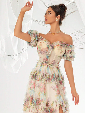Elegant Printed Mesh Off Shoulder Women's Evening Dress