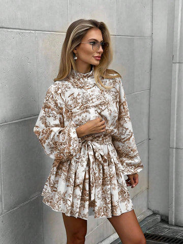 Elegant Random Print Long Sleeve Tie-Up Waist Loose Dress