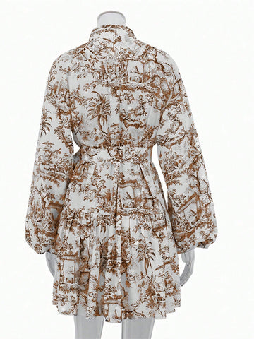 Elegant Random Print Long Sleeve Tie-Up Waist Loose Dress