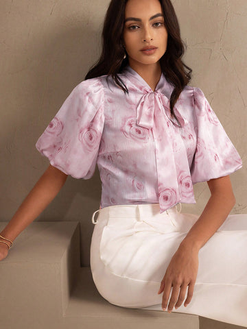 Elegant Rose Floral Printed Satin Texture, V-Neck Knot Loose Fashionable Puff Sleeve Shirt