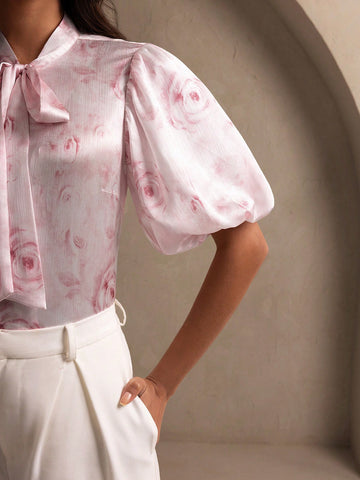 Elegant Rose Floral Printed Satin Texture, V-Neck Knot Loose Fashionable Puff Sleeve Shirt