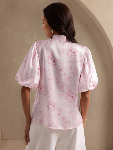 Elegant Rose Floral Printed Satin Texture, V-Neck Knot Loose Fashionable Puff Sleeve Shirt