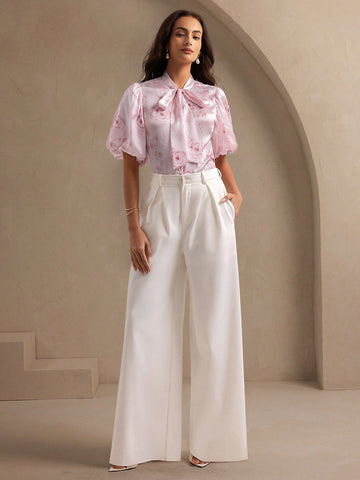 Elegant Rose Floral Printed Satin Texture, V-Neck Knot Loose Fashionable Puff Sleeve Shirt