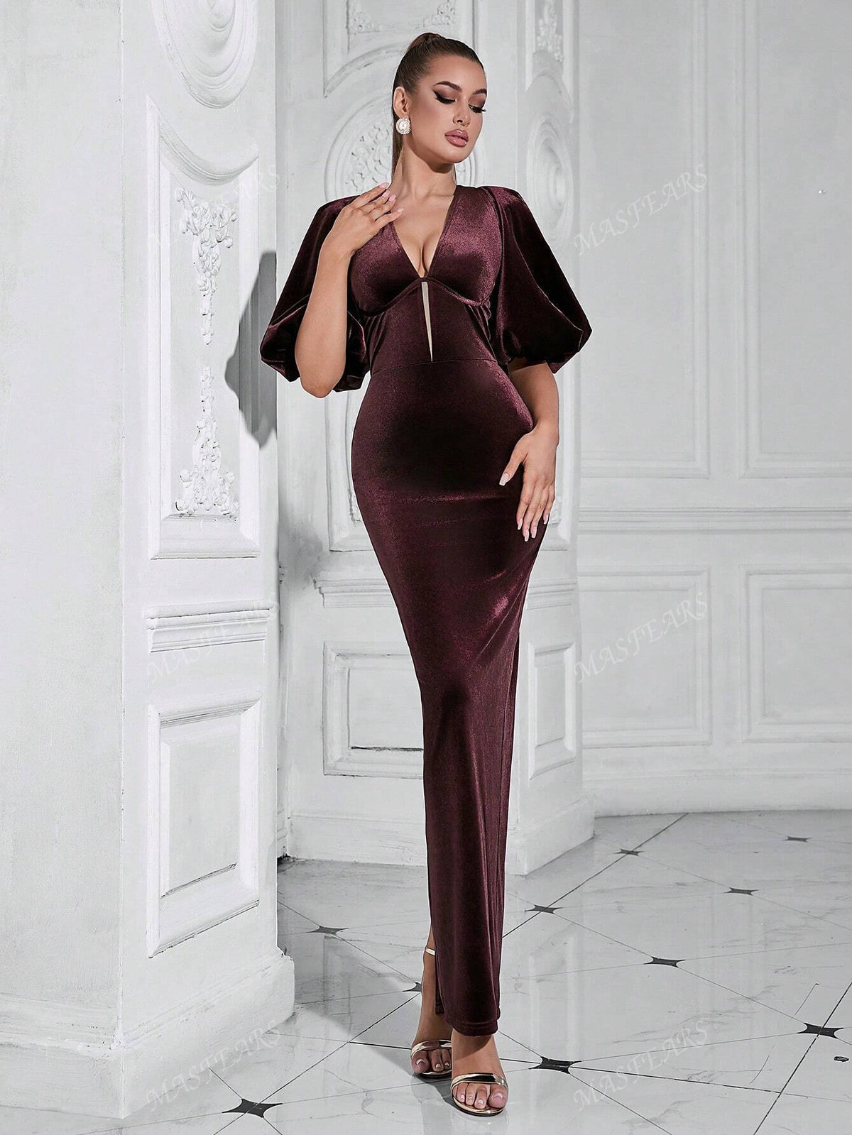 Elegant Ruffle Sleeve V-Neck Long Fitted Evening Dress