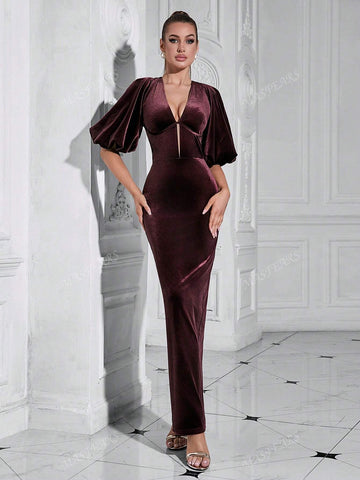 Elegant Ruffle Sleeve V-Neck Long Fitted Evening Dress