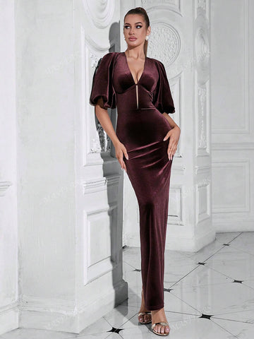 Elegant Ruffle Sleeve V-Neck Long Fitted Evening Dress