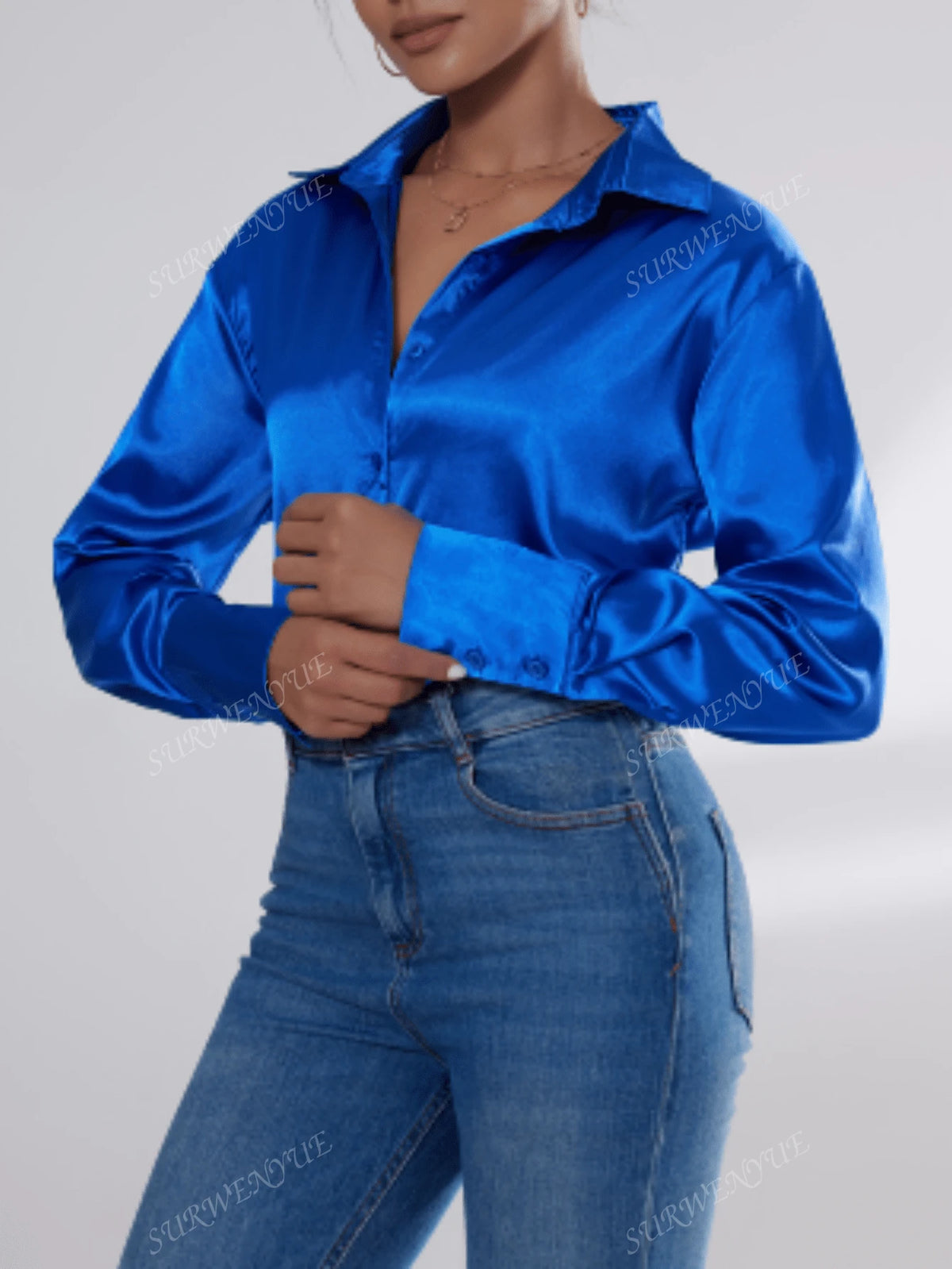 Elegant Satin Blouse Women Vintage Blue Silk Shirt Casual Loose Button Down Blouse Top