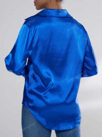 Elegant Satin Blouse Women Vintage Blue Silk Shirt Casual Loose Button Down Blouse Top