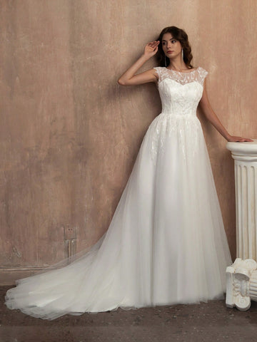 Elegant Sequin Appliqué Hand Beaded Wedding Dress
