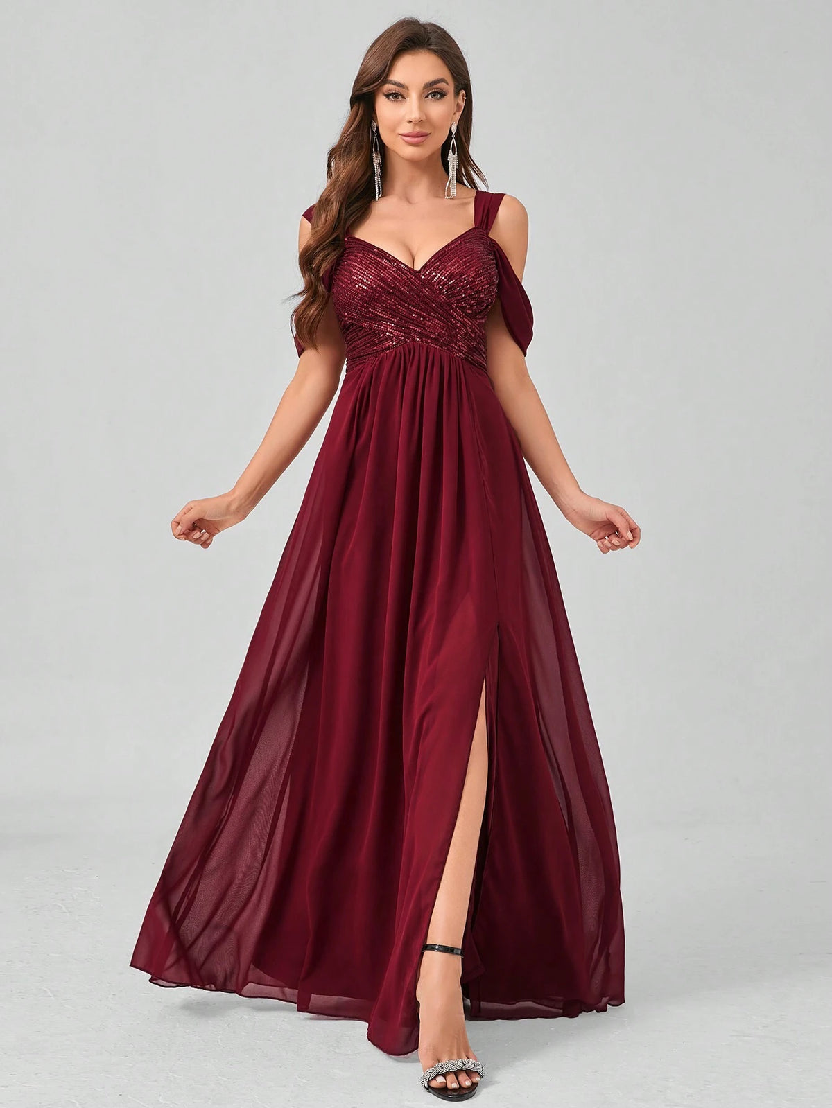 Elegant Sequin Patchwork Split Chiffon Formal Dress