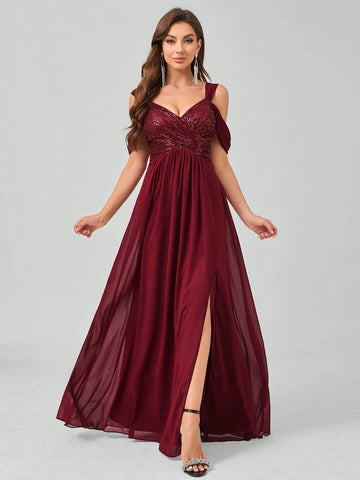 Elegant Sequin Patchwork Split Chiffon Formal Dress