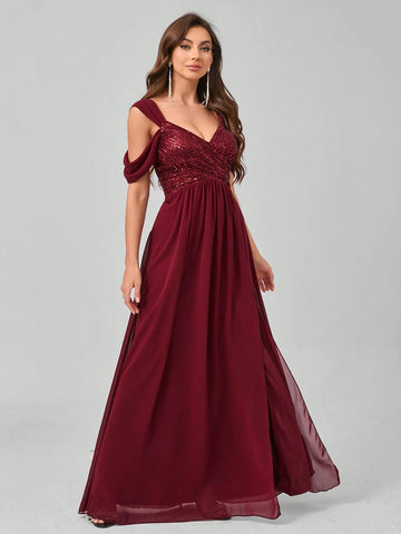 Elegant Sequin Patchwork Split Chiffon Formal Dress