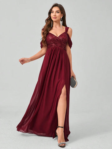 Elegant Sequin Patchwork Split Chiffon Formal Dress