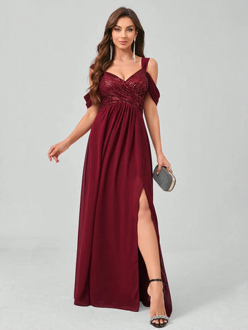 Elegant Sequin Patchwork Split Chiffon Formal Dress